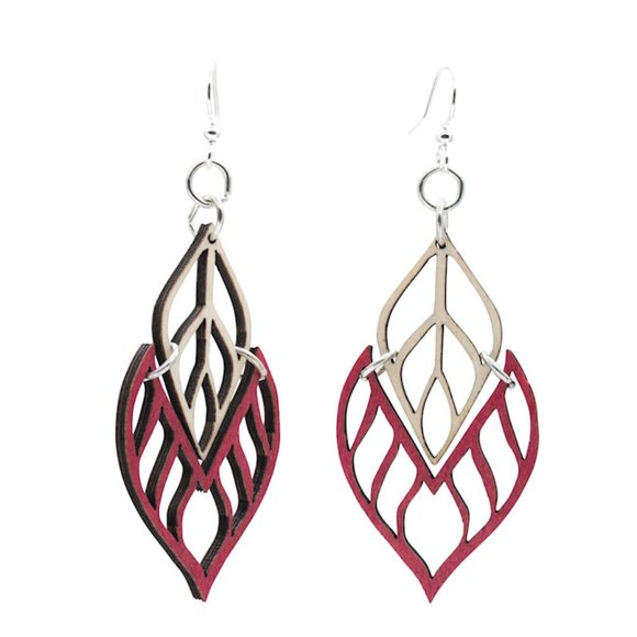 Green Tree Earrings Flame Tip Cherry Red Wooden Lightweight